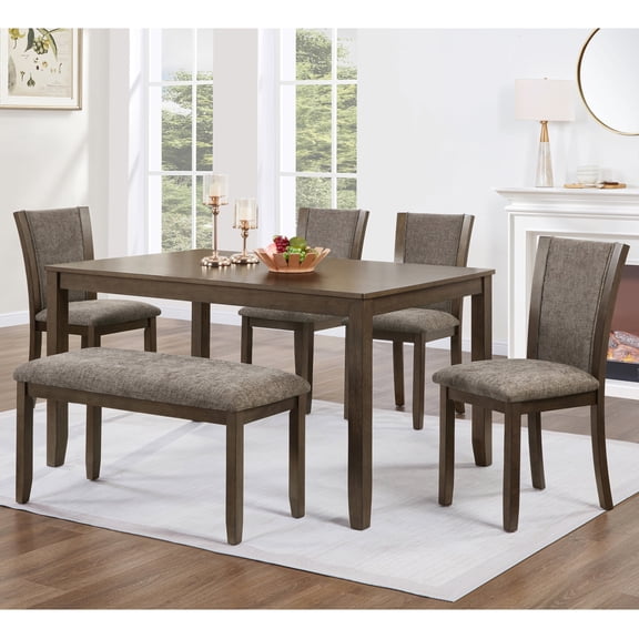 FFZ 6-Piece Dining Table Set with Bench and 4 Chairs, Rustic Farmhouse Style for 6 People, Dark Walnut