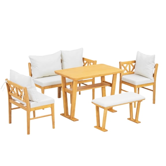 FFZ 6-Piece Farmhouse Kitchen Nook Dining Table Set with Bench and Chairs, Space Saving High, Natural+White