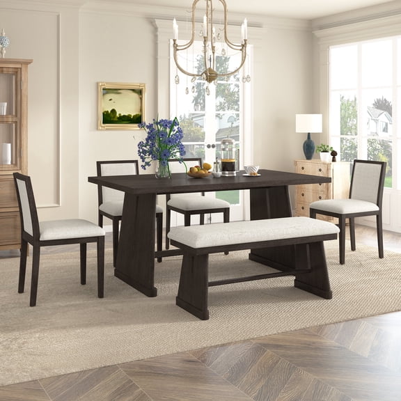 FFZ 6-Piece Rustic Farmhouse Dining Table Set with Wire Brushed Design, Rectangular Table, 4, Espresso