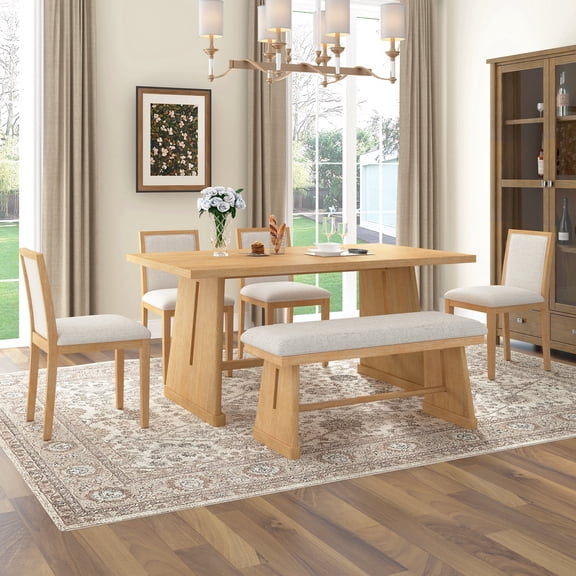 FFZ 6-Piece Rustic Farmhouse Dining Table Set with Wire Brushed Design, Rectangular Table, 4 Chairs, Natural