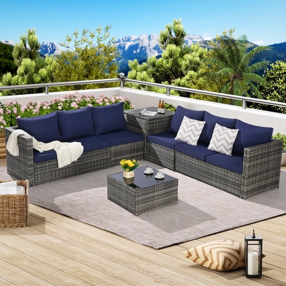 FFZ 6-Piece Wicker Patio Furniture Set with L-Shaped Sectional and Storage Table, Dark Blue