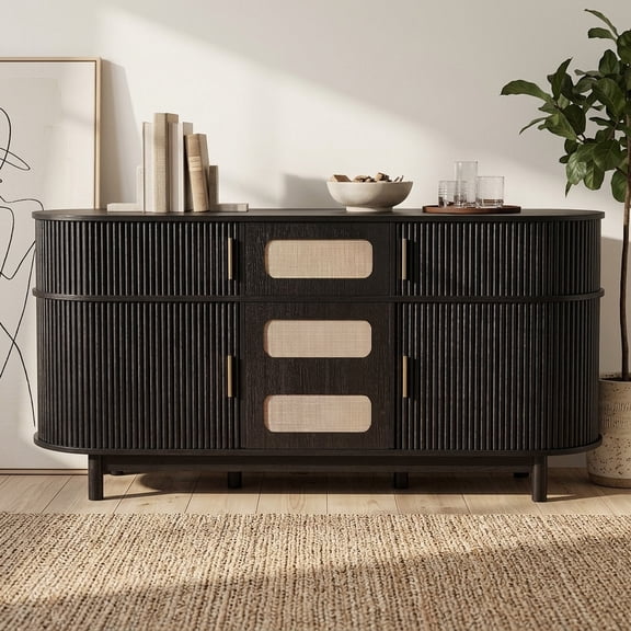 FFZ 60.04"L Sideboard Buffet Cabinet with 4 Sliding Fluted Doors and Rattan Drawer, Black
