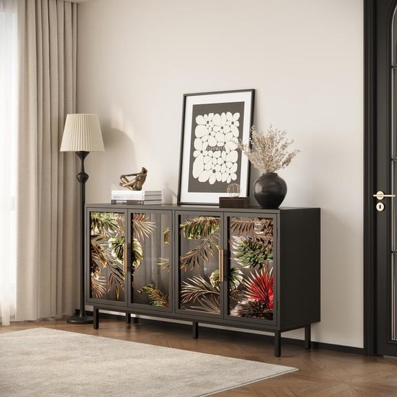 FFZ 60.3 inch Retro Glazed Storage Buffet Cabinet 4 Doors Decorative Console Table