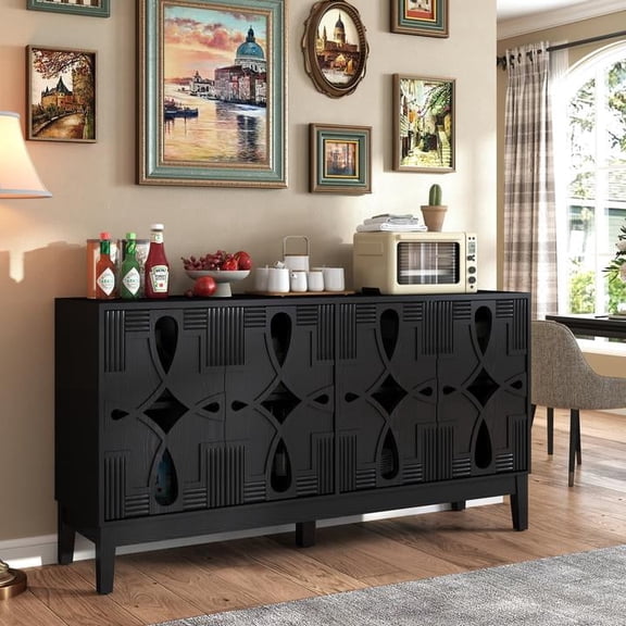 FFZ 60.5 Inch Mid-Century Modern Sideboard Buffet Cabinet with 4 Doors and Adjustable Shelves, Black