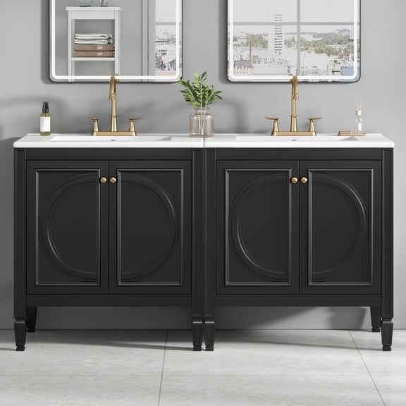 FFZ 60 inch Double Sink Bathroom Vanity with Ceramic Sink, Soft-Close Doors and 2 Storage Drawers, Black