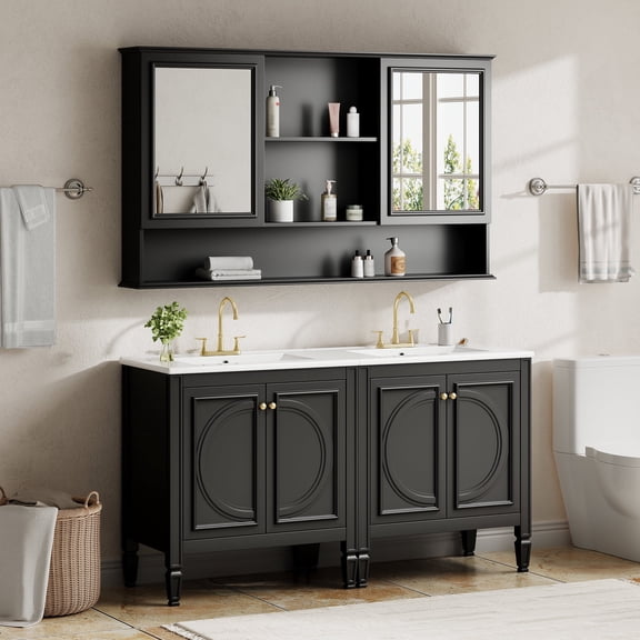 FFZ 60" Double Sink Vanity with Wall Mount Medicine Cabinet, Vintage Raised Panel Doors, Tapered Legs, Black