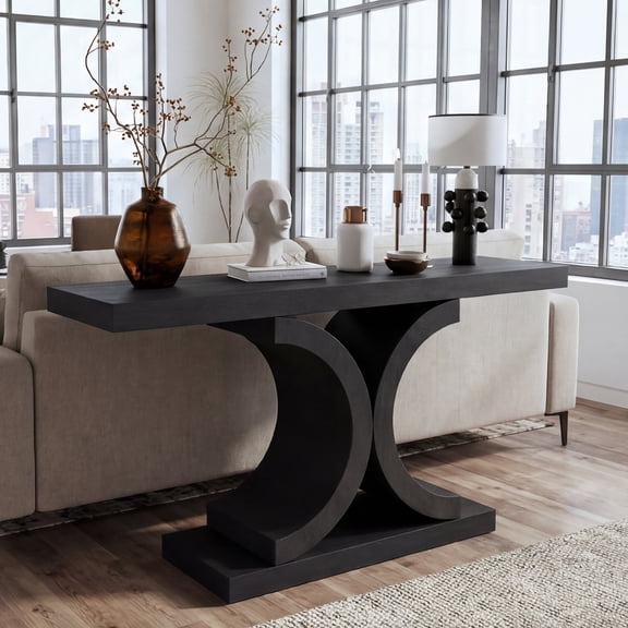 FFZ 60"L Sculptural Curved Console Table with Black Oak Veneer, Engineered Wood, Black