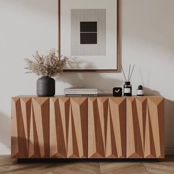 FFZ 60 inch Mid-Century Sideboard Buffet Cabinet with 3D Doors, 4 Doors and 2 Shelves, Natural Walnut