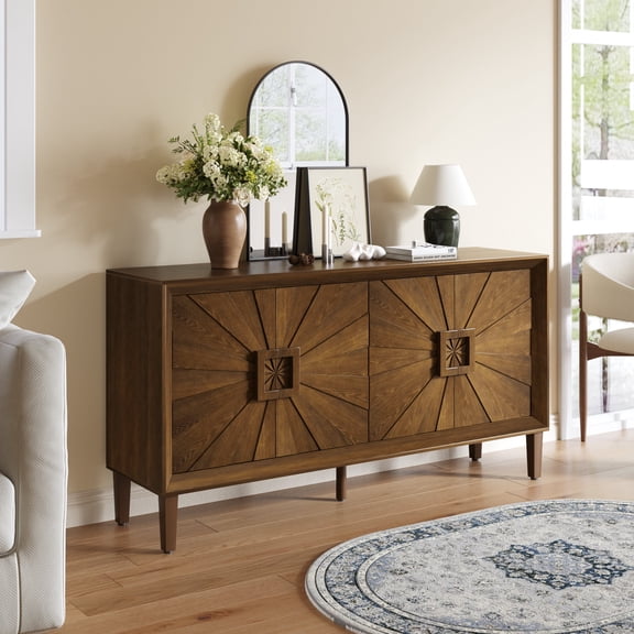 FFZ 60 inch Farmhouse Credenza with Symmetrical Sunburst Doors and Adjustable Shelves, Antique Brown
