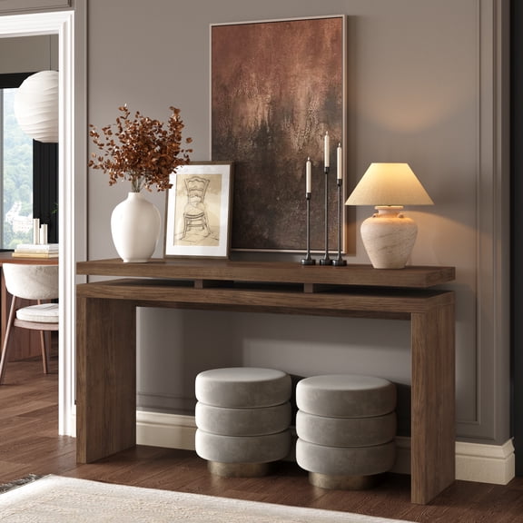 FFZ 60 inch Farmhouse Console Table with Double Board Suspension, Solid Wood Sofa Table, Antique Brown