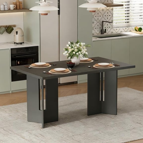 FFZ Farmhouse 60 inch Rectangular Dining Table with Cutout Legs, Solid Wood and MDF, Gray