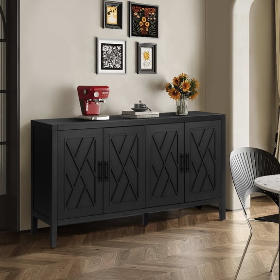 FFZ 60 inch Modern Farmhouse Accent Cabinet with 4 Doors, Adjustable Shelf, 59.8 x 15.6 x 32.3, Antique Black