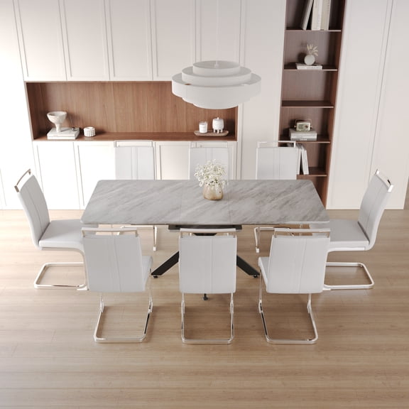 FFZ 62.4 To 78.15 inch Extendable Kitchen Dining Table Set 6-8 Person C-Shaped Tube Armless Chair Metal Legs