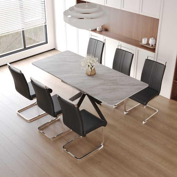 FFZ 62.4 To 78.15 inch Extendable Kitchen Dining Table Set 6-8 Person C-Shaped Tube Armless Chair Metal Legs
