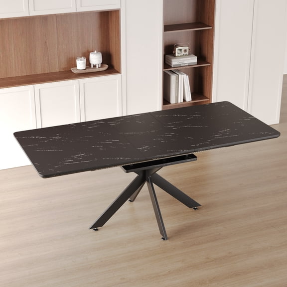 FFZ 62.4 To 78.15 inch Extendable Modern Mid-Century Kitchen Dining Table Black Metal X Shape Legs, Black