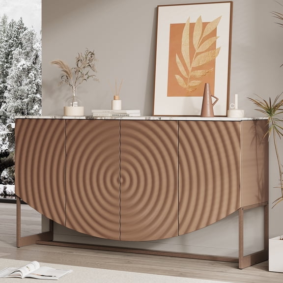 FFZ 62.8" 3D Wave Texture Sideboard with Faux Marble Top and Metal Legs, Antique brown