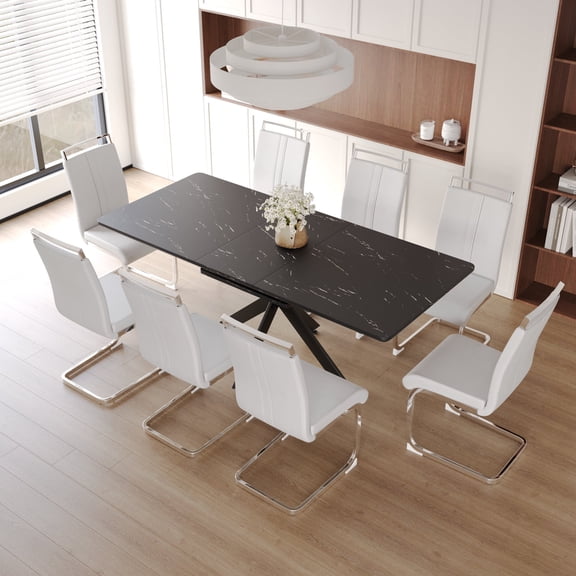 FFZ 62.4 inch Extendable Dining Table Set with 8 Chairs for 6-8 Persons, Black White