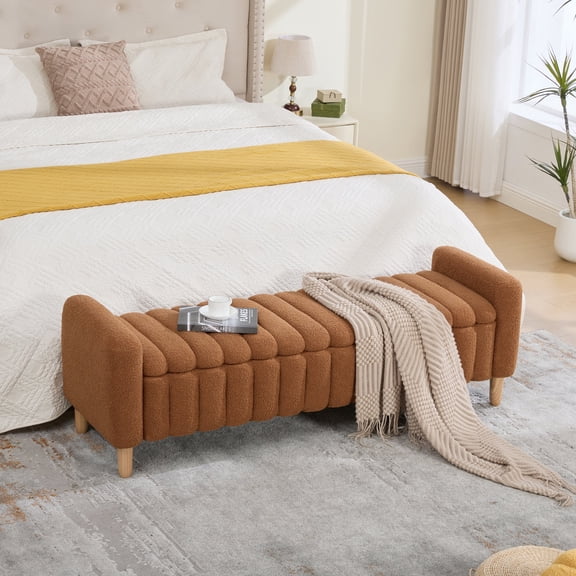 FFZ 63.4 inch Wave Channel Tufted Storage Bench with Teddy Fabric and Flip-Top Lid, Caramel