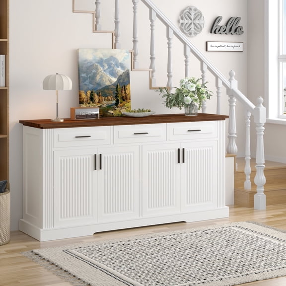 FFZ 63" Fluted Sideboard Buffet with 4 Doors, 3 Drawers and Storage, Modern Coffee Bar Station, White