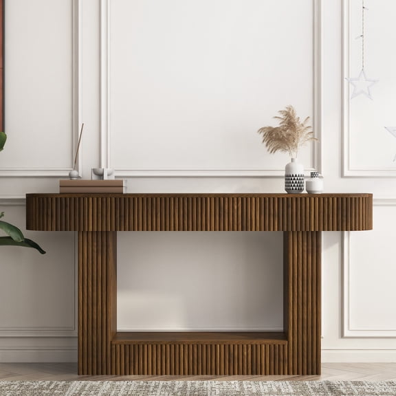 FFZ 63"L Farmhouse Console Table with Wood-Grain Surface and Leveling Feet, Wood
