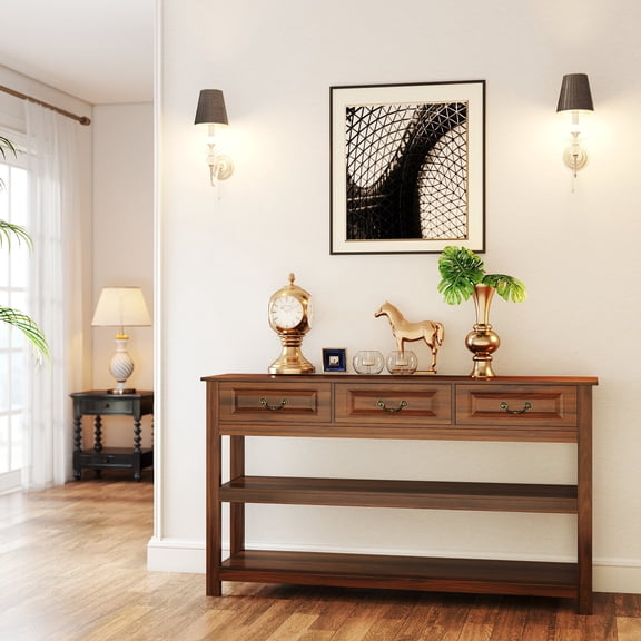 FFZ 63"L Wood Console Table with 3 Drawers, Recessed Molded Drawer Fronts and Open Shelves, Walnut