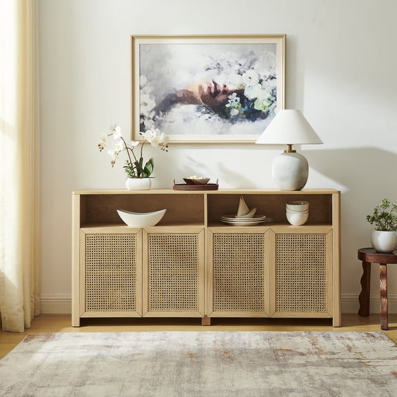 FFZ 63" Mid Century Modern Rattan Sideboard Buffet Cabinet with Storage, Retro Coffee Bar Wine Bar Credenza, Large Media Console Table for Living Room/Entryway/Kitchen, Natural