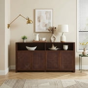 FFZ 63"L Mid-Century Modern Rattan Sideboard Buffet with Storage, Retro Coffee, Walnut