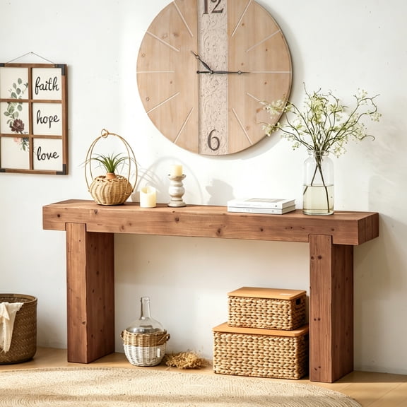 FFZ 63" Solid Wood Console Table with Rustic Farmhouse Design, Narrow Rectangular, Natural Wood
