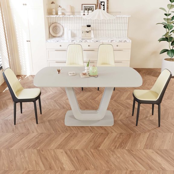 FFZ Expandable Dining Table Set for 2-8 People with 4 PU Chairs, U-Shaped Legs, Beige+Grey