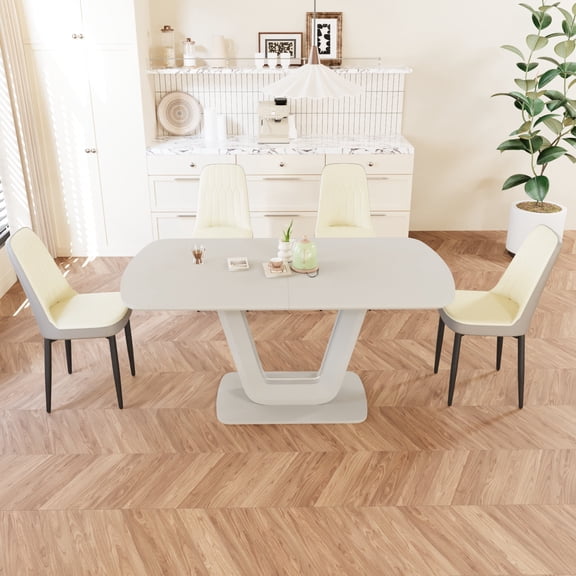 FFZ Expandable Dining Table Set for 2-8 People with 4 PU Chairs and U-Shaped Legs, Beige+Grey