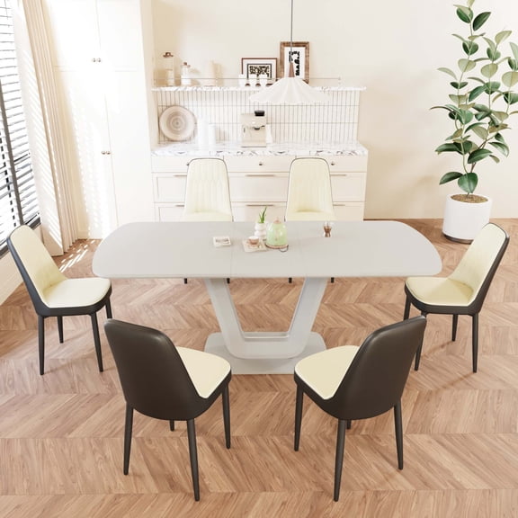 FFZ Expandable Dining Table Set with 6 PU Chairs, U-Shaped Legs, Seats 2-8, Beige+Grey
