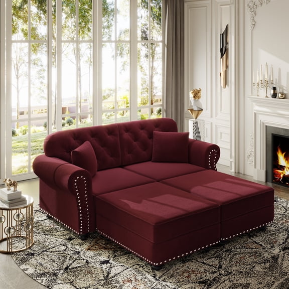 FFZ 63" Velvet Chesterfield Sofa with Nailhead Trim, Rolled Arms, Button Tufting, 2 Pillows, Burgundy