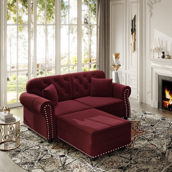 FFZ 63" Velvet Chesterfield Sofa with Nailhead Trim, Rolled Arms, Button Tufting, Burgundy