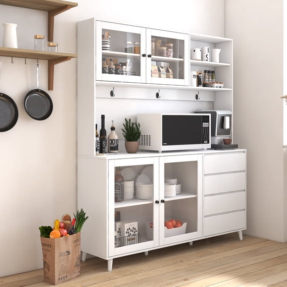 FFZ 63" W Large Kitchen Hutch Cabinet, Freestanding Pantry Cabinets Storage Kitchen Cupboard With 4 Doors, 4 Drawers & Microwave Shelf, White