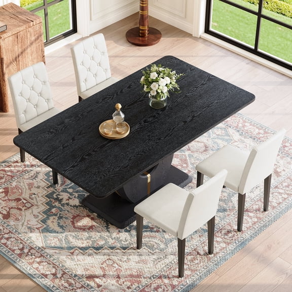 FFZ 63 inch Modern Dining Table Set with 4 White PU Chairs, Black Wood Grain, Black