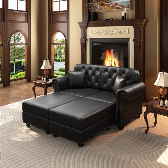 FFZ 63 inch Faux Leather Chesterfield Sofa with Nailhead Trim, Rolled Armrests and Button Tufting, Black