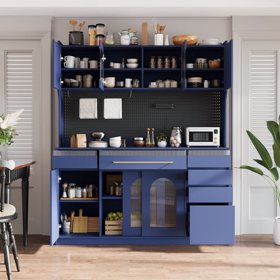 FFZ 63" Buffet with Hutch, 6 Drawers, 5 Cabinets, Pegboard, Towel Rack, Power Outlet, Blue