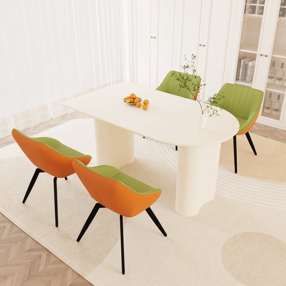 FFZ Medieval Modern Dining Set with Cream MDF Table and Green PU Chairs, Black Metal Legs, White+green