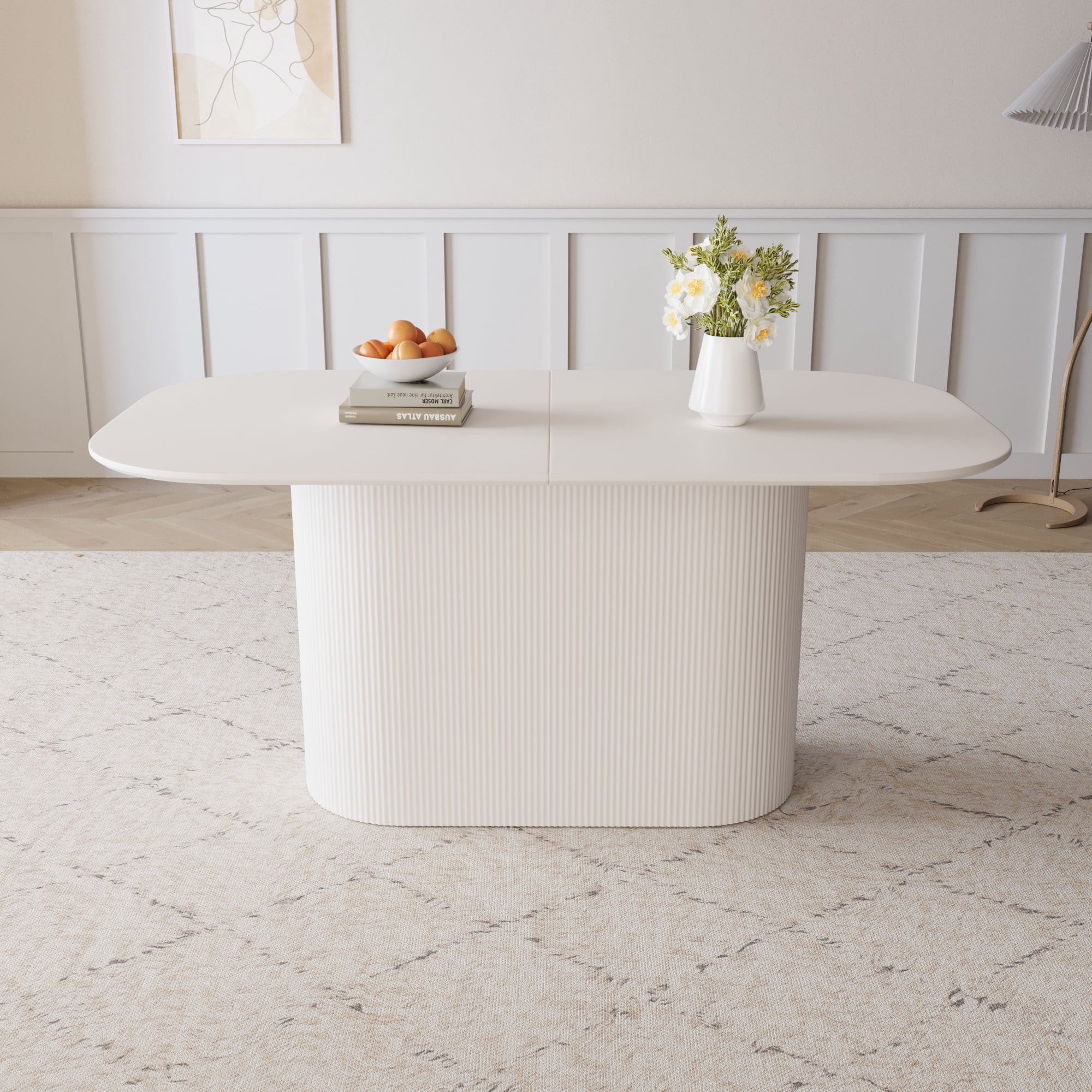 FFZ 63 inch Modern MDF Regular Edge Dining Table Vertical Striped Legs for 4-8 Person Cream Style