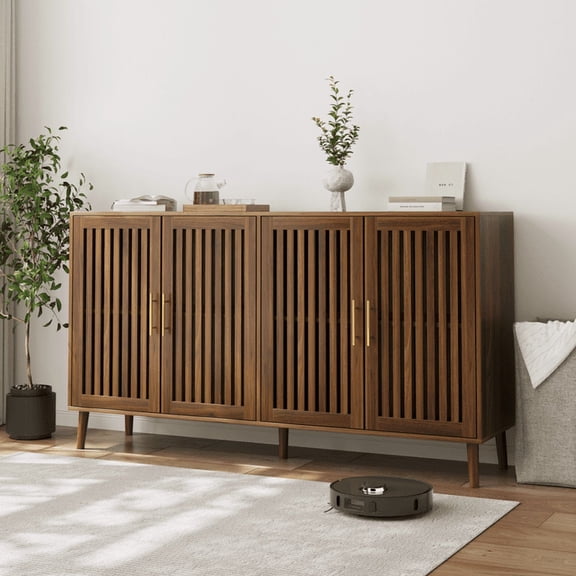 FFZ 63 inch Sideboard Buffet Cabinet with Grille-Striped Doors and Storage, Walnut