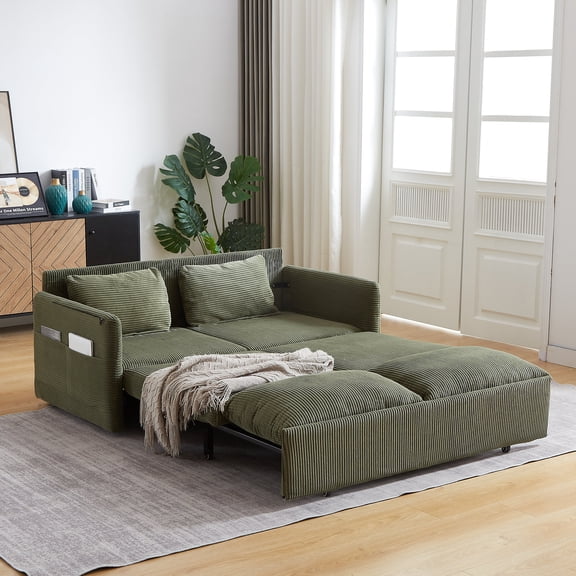 FFZ 64.5 Inch 3-in-1 Sleeper Sofa Bed with Pull-Out Bed and Side Pockets, Green