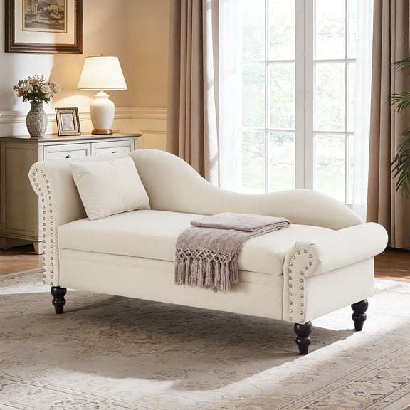 FFZ 64.5 inch Modern Velvet Chaise Lounge with Storage, Lumbar Pillow and Silver Nail Accents, Beige
