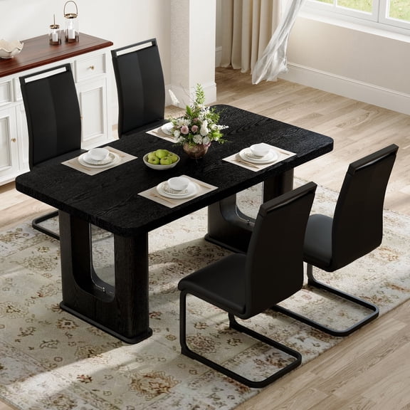 FFZ Dining Table and 4 PU Chairs Set with Arched Legs, Black+Grey