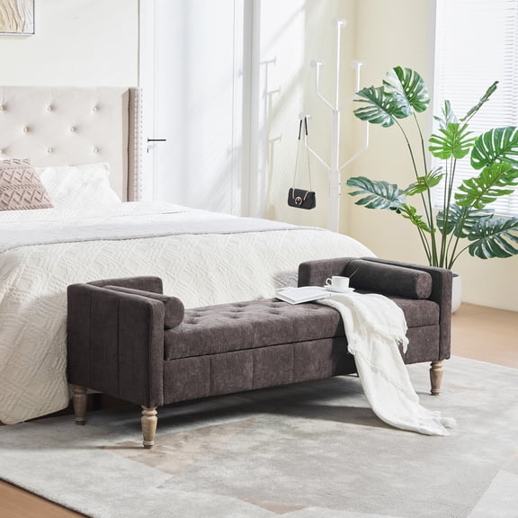FFZ 64.6 inch Chenille Storage Bench with Flip-Top, Tufted Accent, Armrests, Backrest and Whitewashed, Coffee