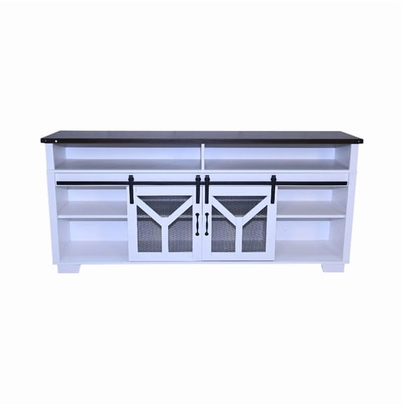 FFZ 65.3 inch Farmhouse TV Stand with LED Lights, Barn Doors and Y-Stripes, White+walnut
