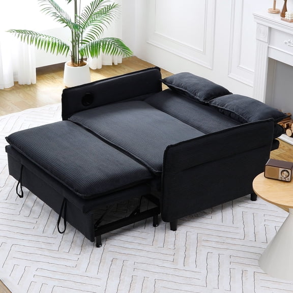 FFZ 65.74" Corduroy Sofa Bed with Adjustable Armrests and Backrest, Built-in Cup Holders, Black