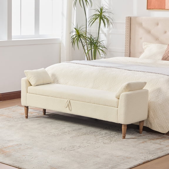 FFZ 65.94 inch Upholstered Storage Bench with Armrest and Bolster Pillows, Beige