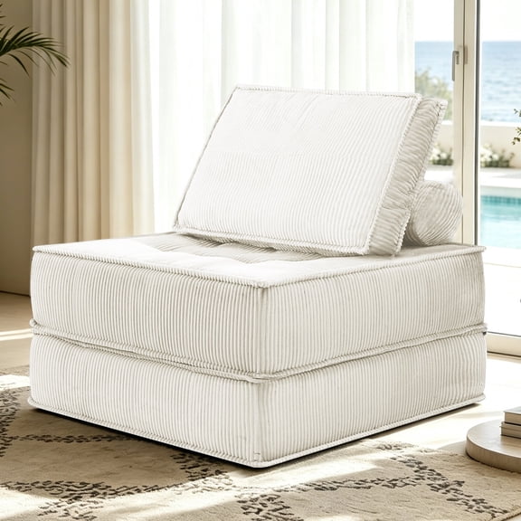 FFZ 66.9 inch Modular Single Seater Sofa with Spring Padding and Striped Fabric, 33.4 x 33.4 x 28 inch, White