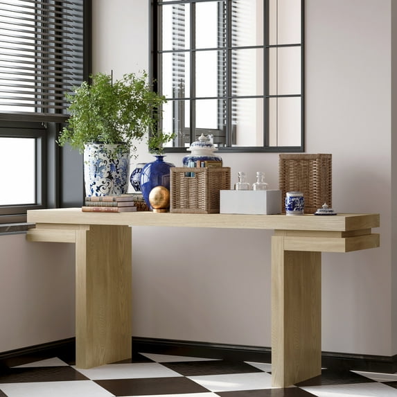 FFZ 66" Extra Wide Real Wood Veneered Console Table, Minimalist Sofa Table Behind Couch for Entryway, Hallway, Living Room, Home Office, Oak