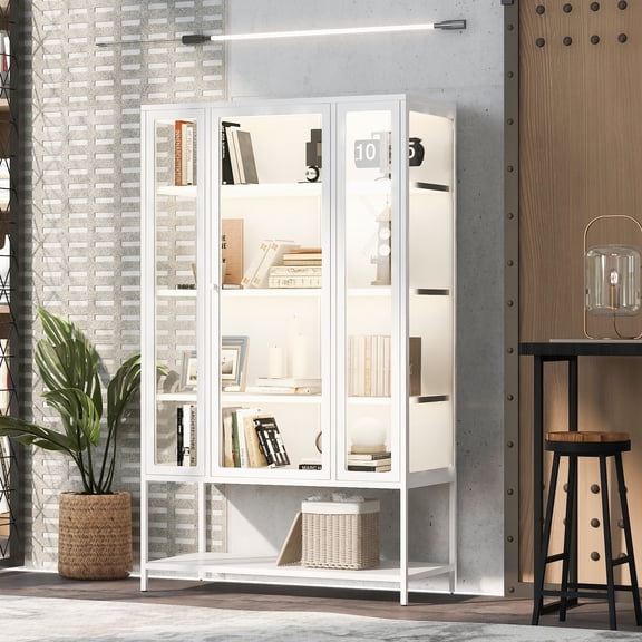 FFZ 67.25'' Tall Iron Display Cabinet Glass Door Led Lights Steel Curio Collectibles White